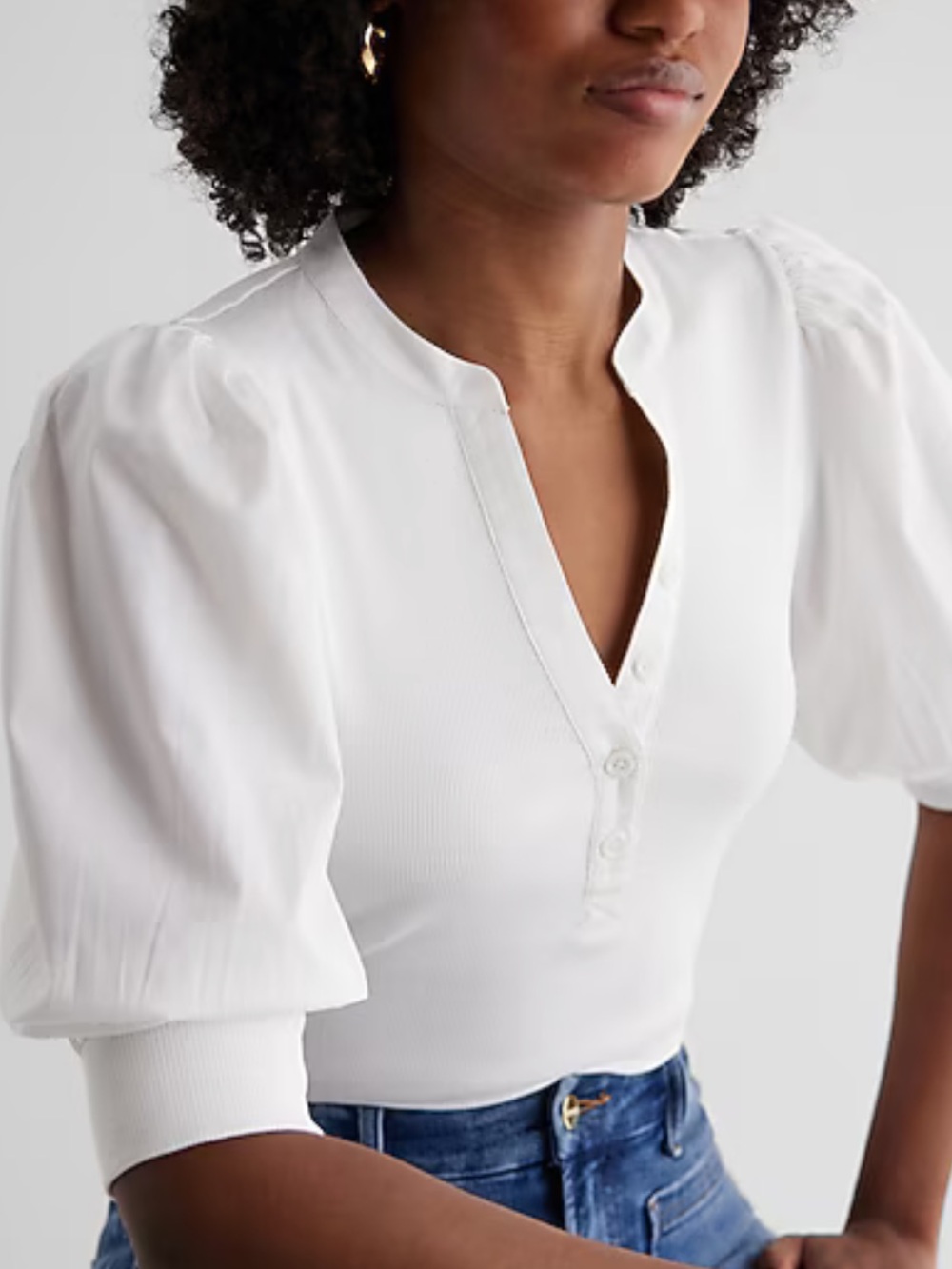 Express White Puff Sleeve Ribbed Henley Top